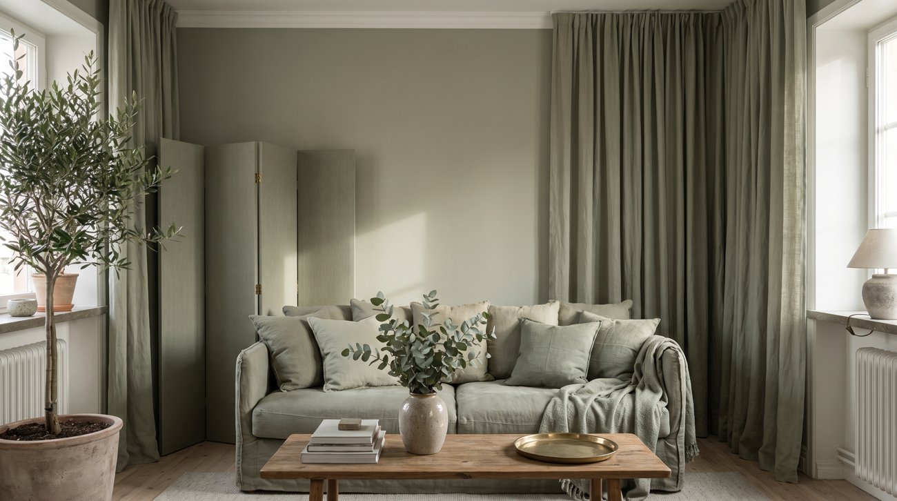 The same living room drenched in soft sage green