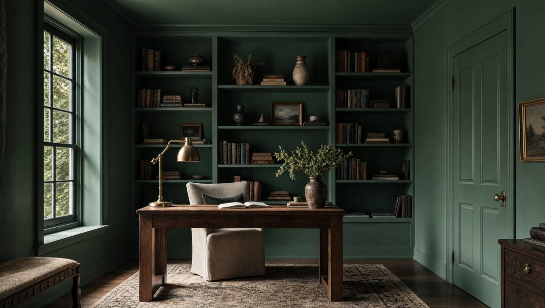 A home study drenched in smoky jade green