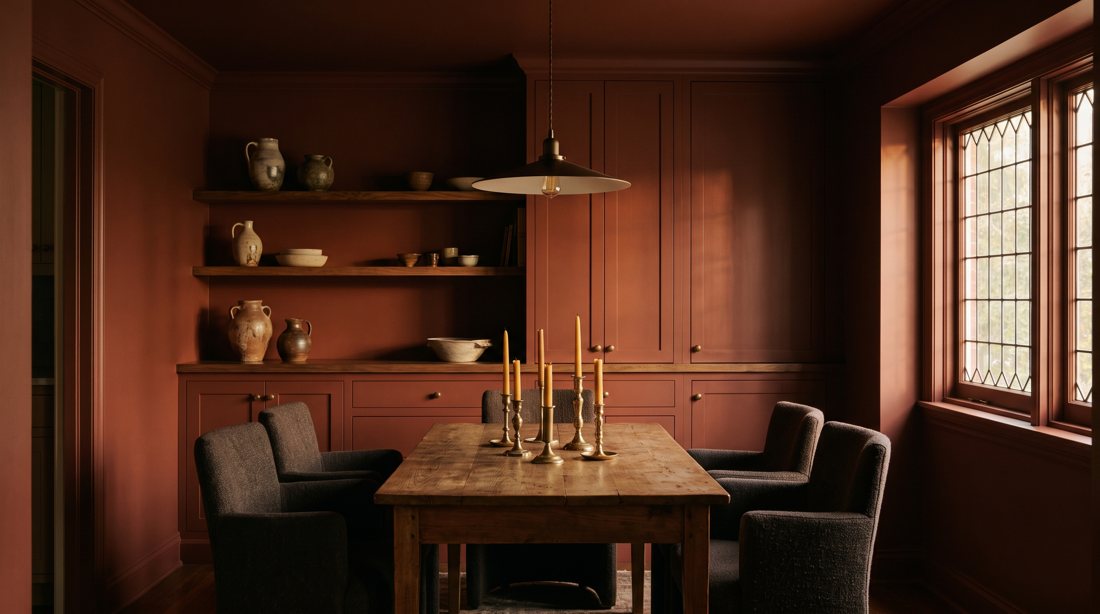 A dining room drenched in warm mahogany