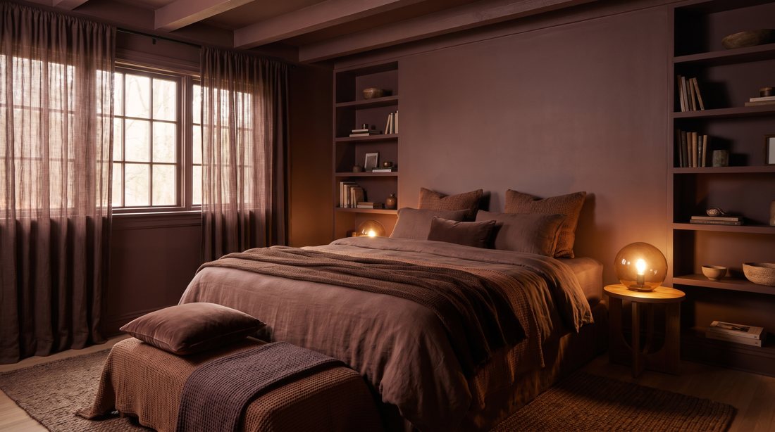 A bedroom drenched in moody plum-brown